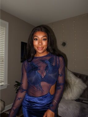 Fashion Nova Navy Sheer Embroidered Bird Mesh Dress